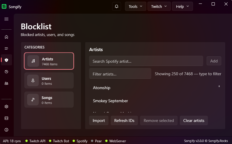 Blocklist for artists, users, and songs