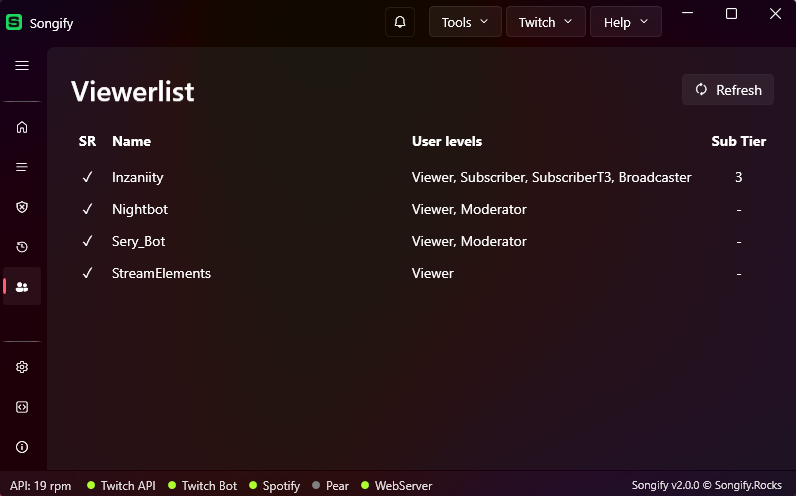 Twitch viewerlist with roles and sub tiers